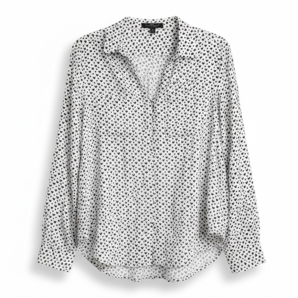 Velvet Heart Long Sleeve Blouse Button Front Work Black White Heart Print L